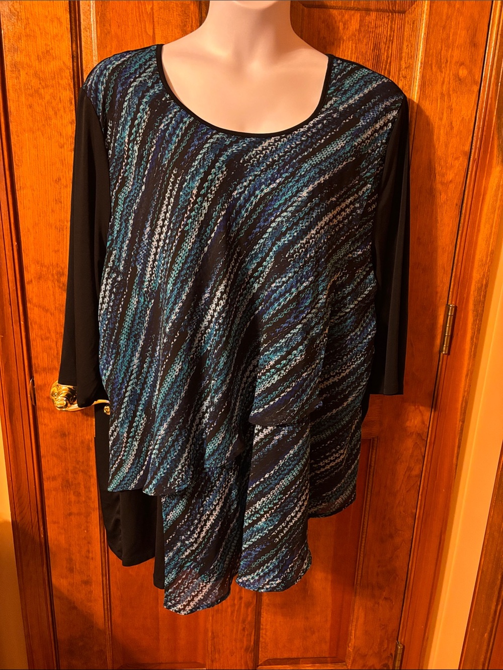 Catherines Black Tunic with Blue and Teal Wave Print